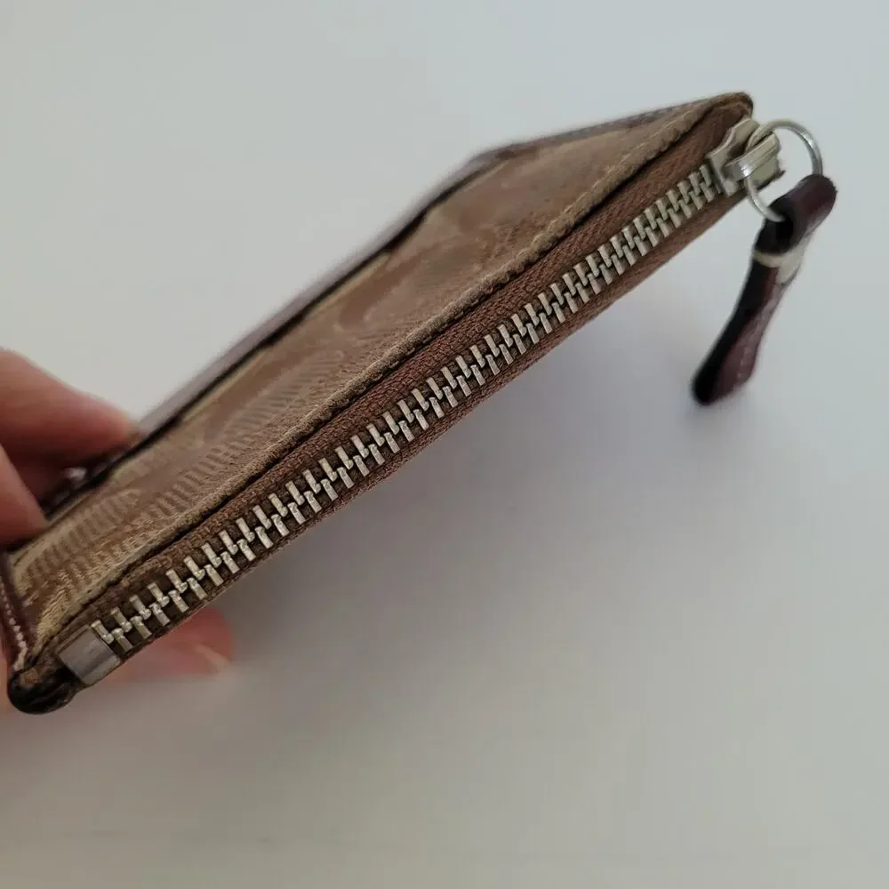 COACH‎ Skinny Key Card Case Small Wallet Canvas Leather Zip Beige Logo Fair